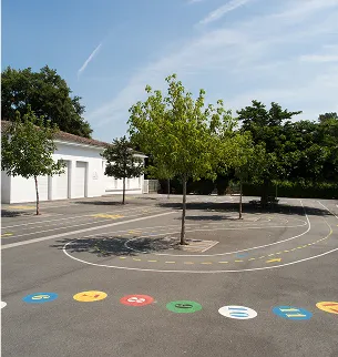 Cour de récréation avec piste peinte, chiffres colorés et petits arbres. Bâtiment blanc à gauche à Varennes en Indre-et-Loire 37